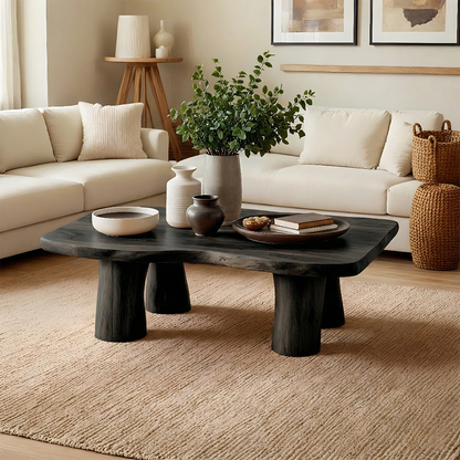 Handcrafted brown wood coffee table with thick legs