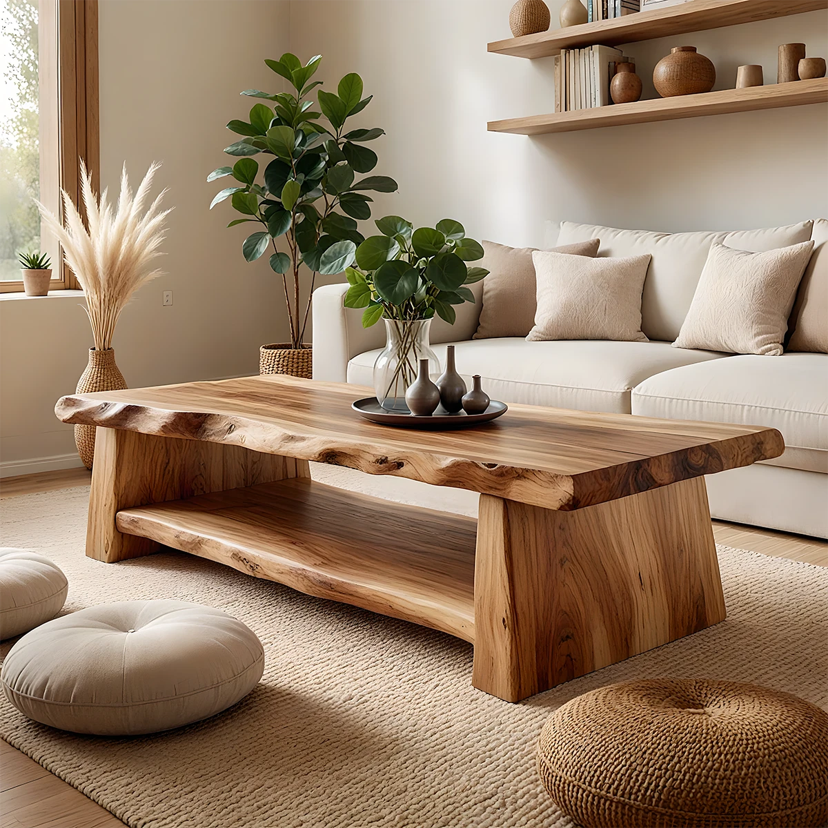 Brown wood coffee table with live edge top
