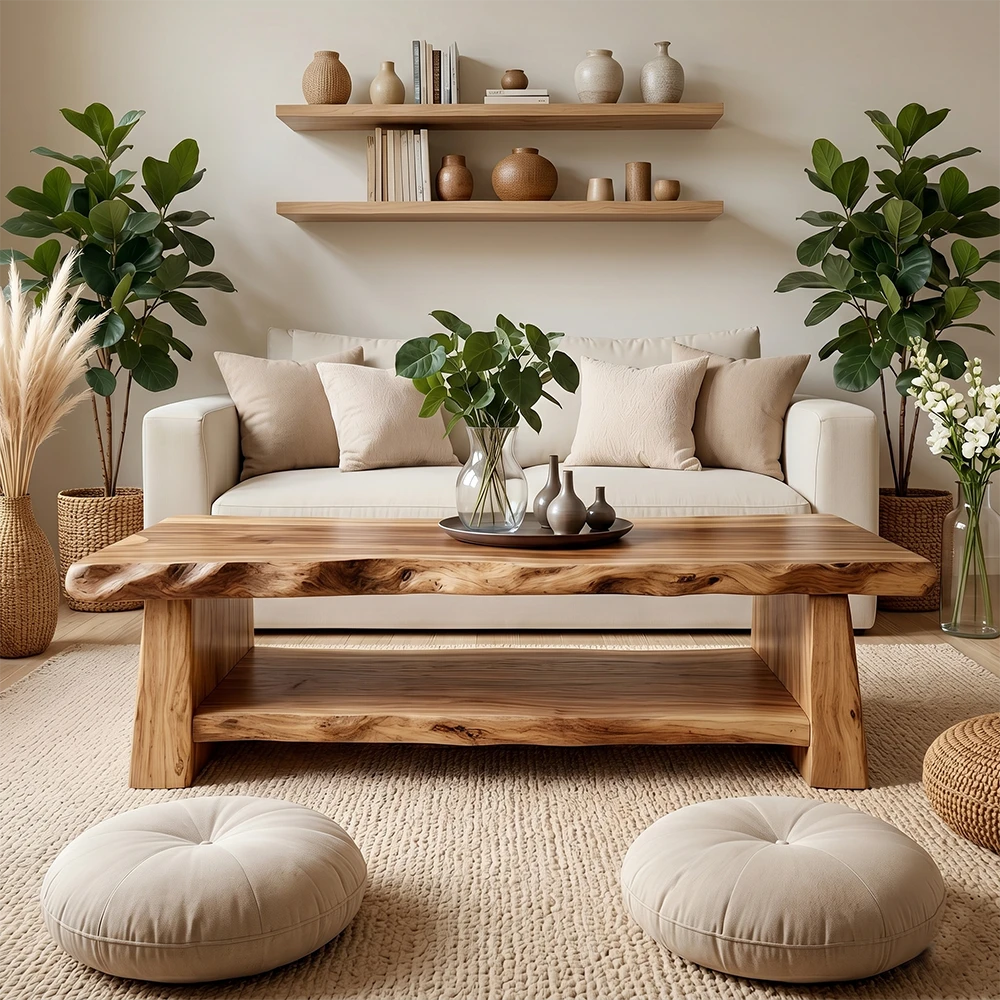 Living room with a wooden coffee table, white sofa, and decorative plants.