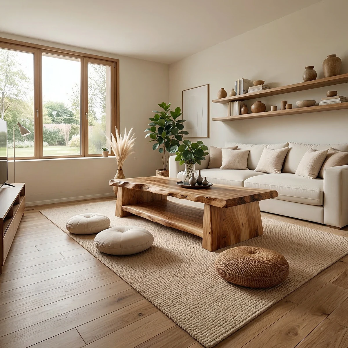 Organic brown wood table with natural slab surface