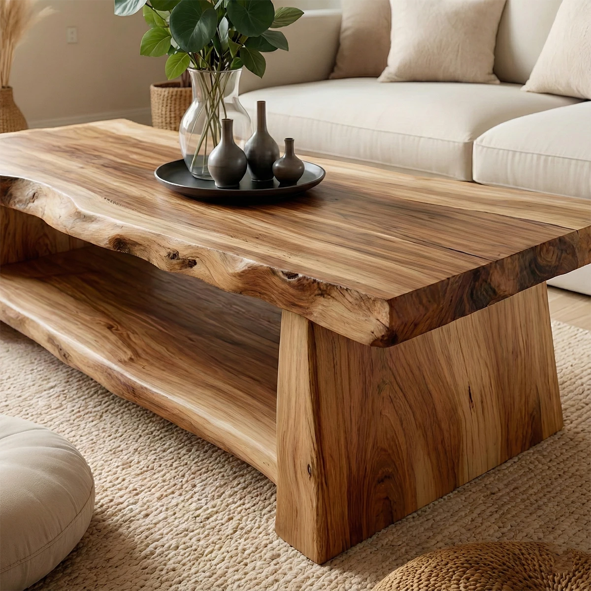 Sculptural brown coffee table with artisan wood base
