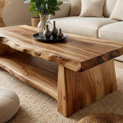 Sculptural brown coffee table with artisan wood base
