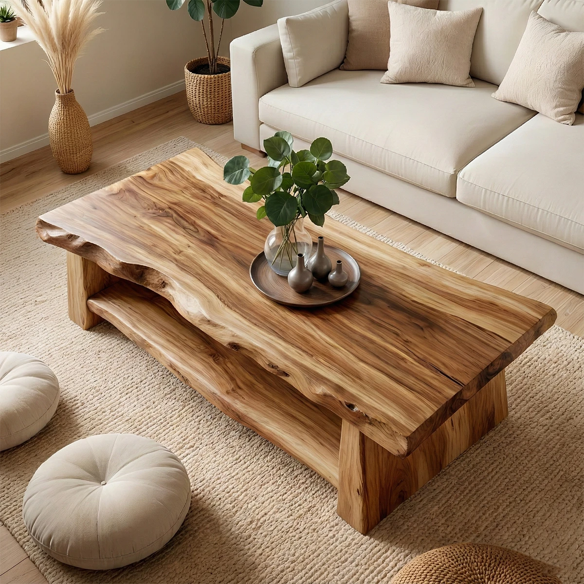 Brown wood table with organic grain and slab edge