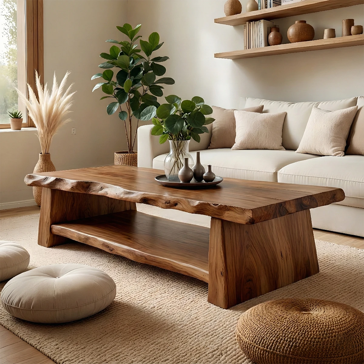 Handcrafted brown coffee table with live wood detail