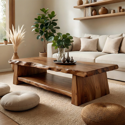 Handcrafted brown coffee table with live wood detail