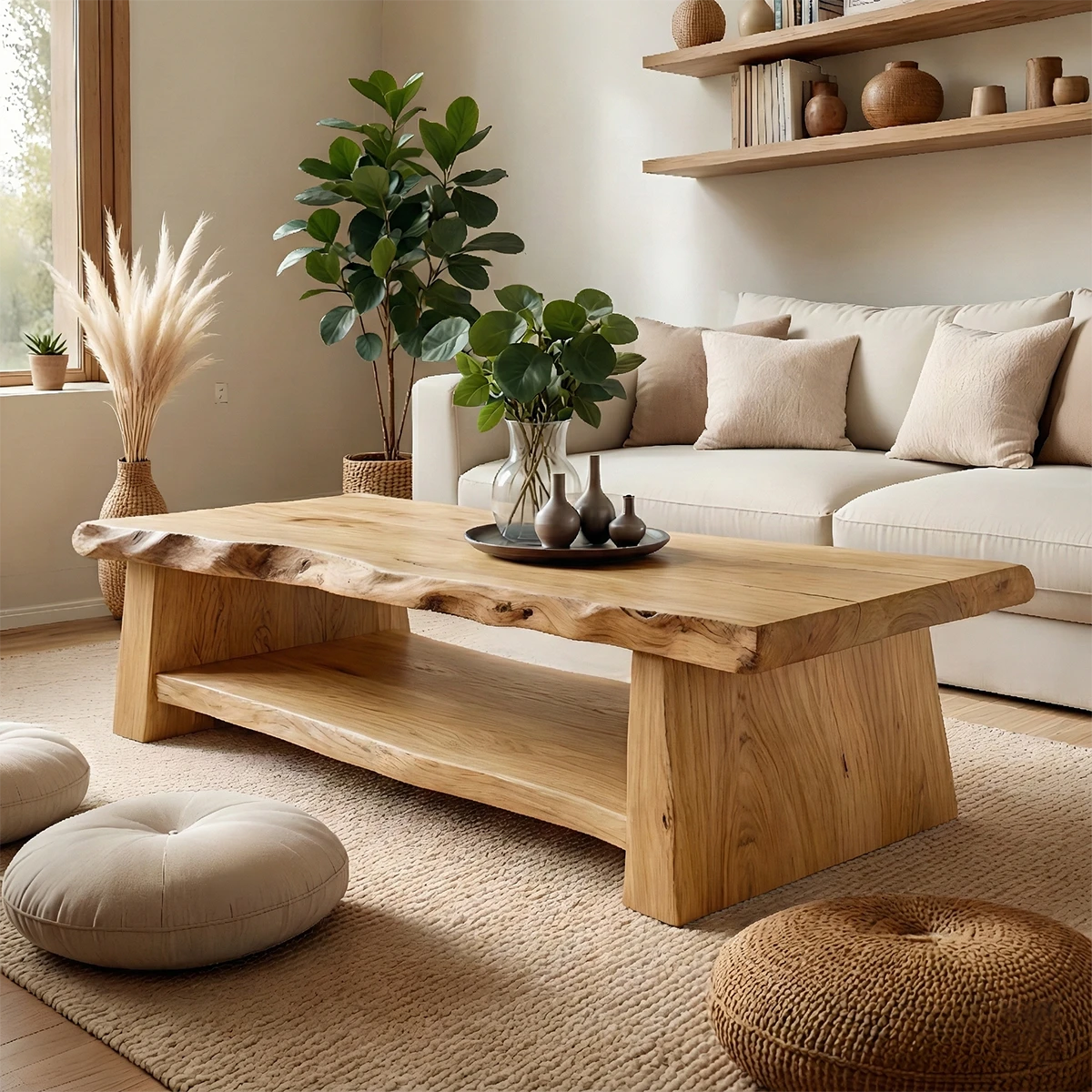 Natural brown wood table with sculpted base design