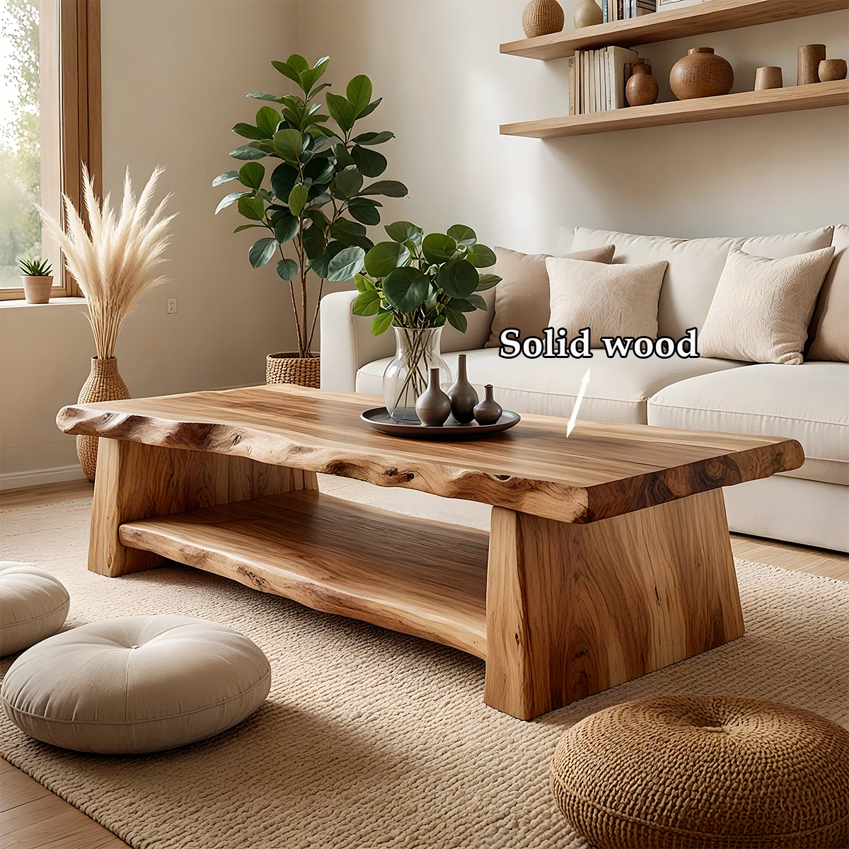 Solid brown wood table with organic edge finish