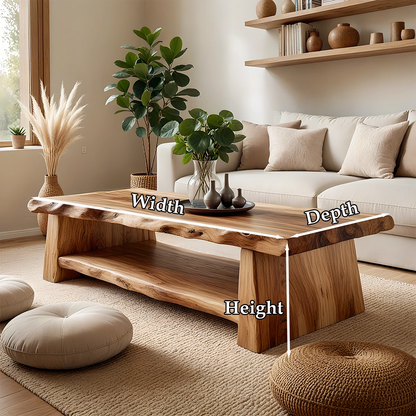 Brown wood coffee table with raw slab texture
