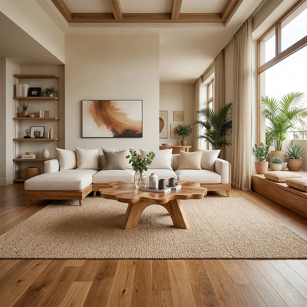 Sculptural brown wood coffee table with angled legs