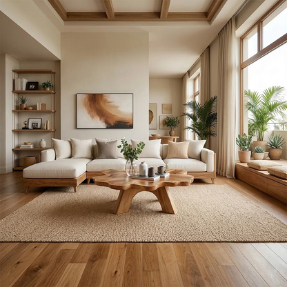 Sculptural brown wood coffee table with angled legs