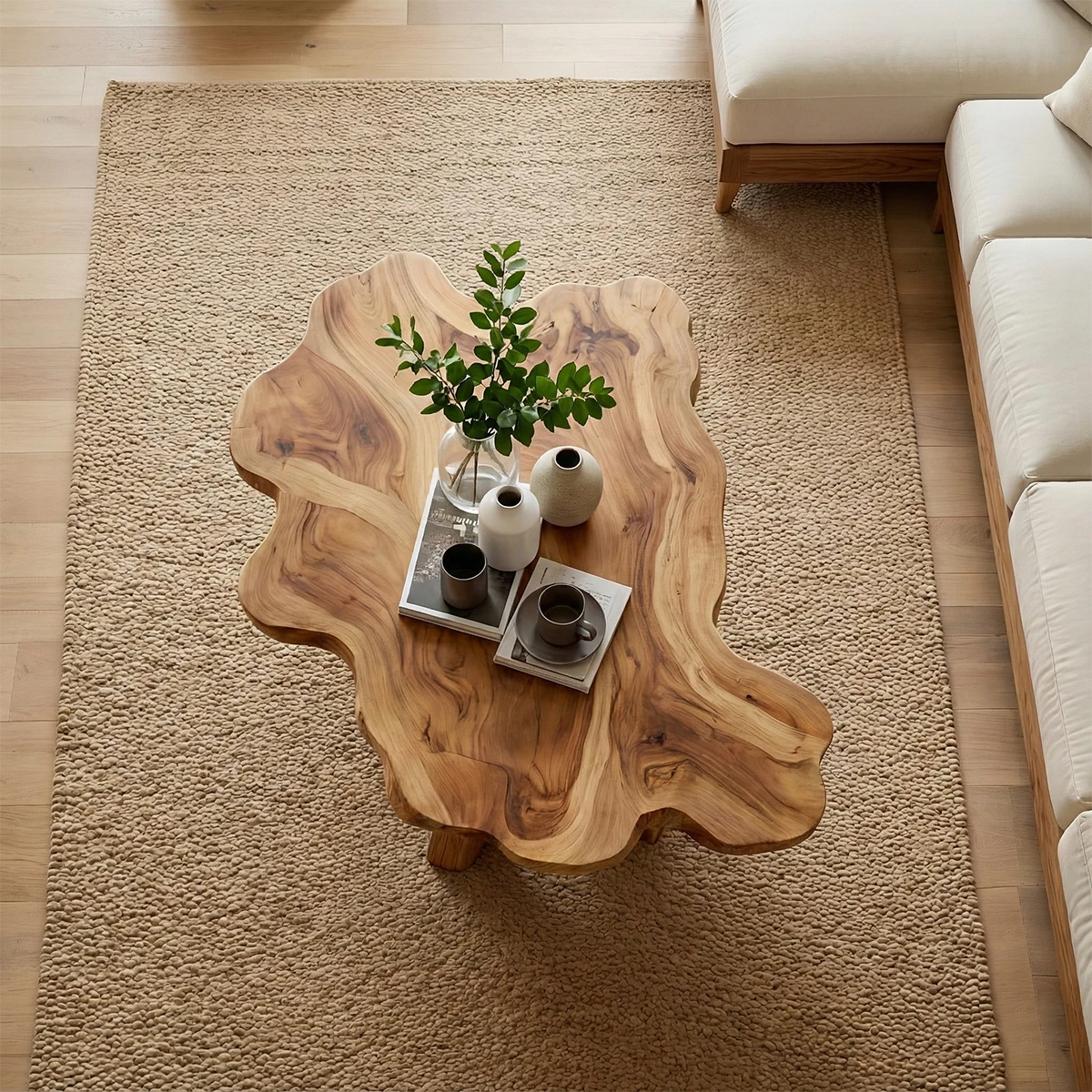 Natural brown wood coffee table with petal edge