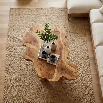 Natural brown wood coffee table with petal edge