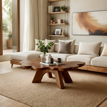 Contemporary brown coffee table with wooden angled base
