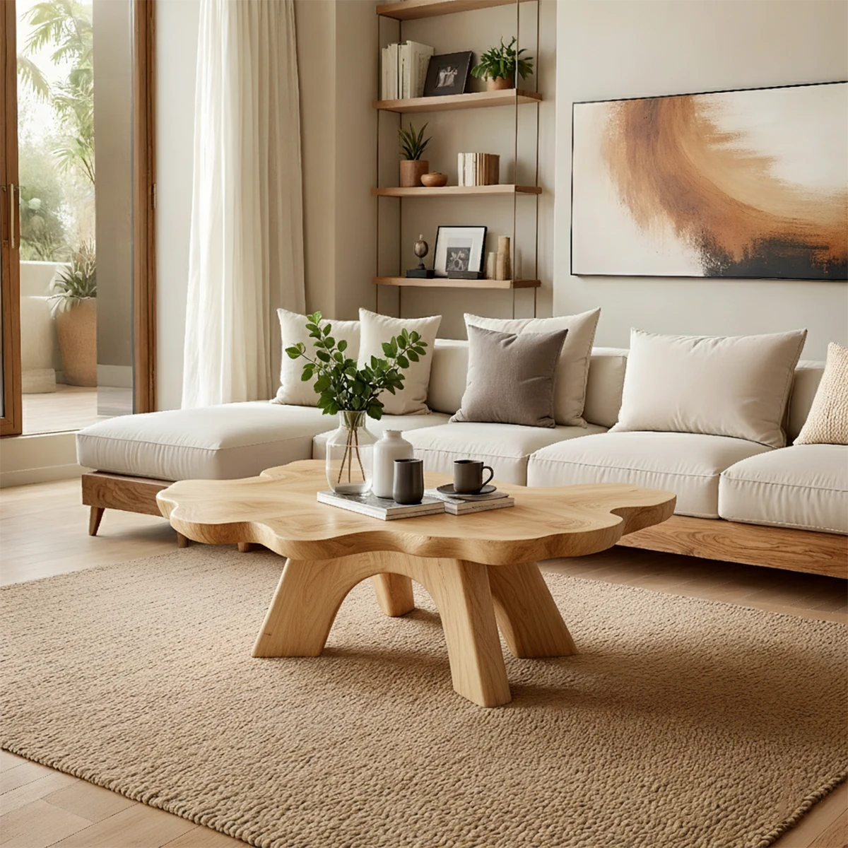 Minimal brown wood coffee table with organic petal design