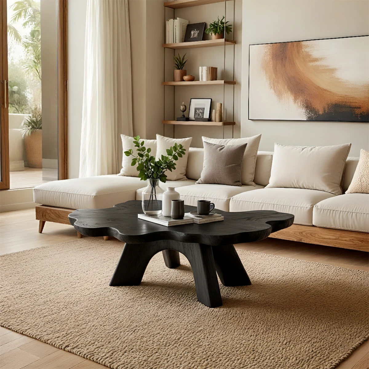 Handcrafted brown wood coffee table with sculpted legs