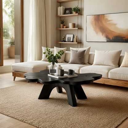 Handcrafted brown wood coffee table with sculpted legs