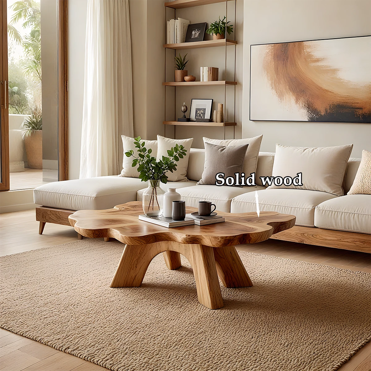 Designer brown coffee table with natural wood form