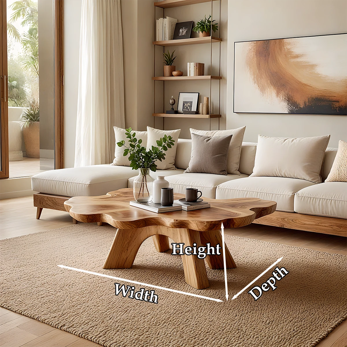 Unique brown wood coffee table with floral shape top