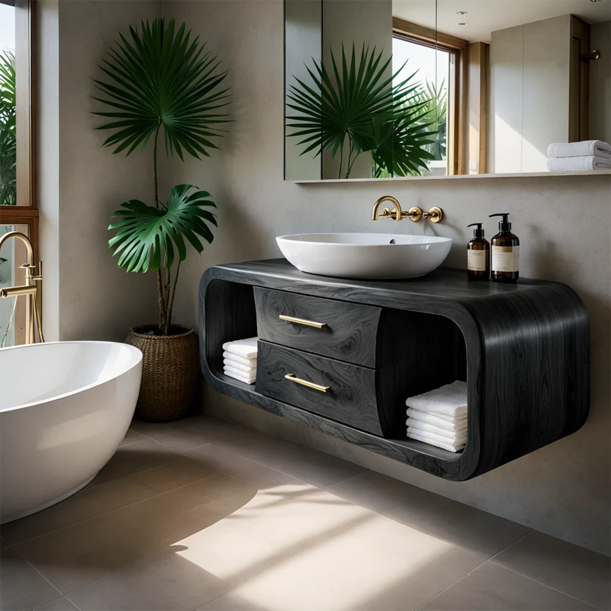 Premium cedar floating bathroom vanity with storage drawers