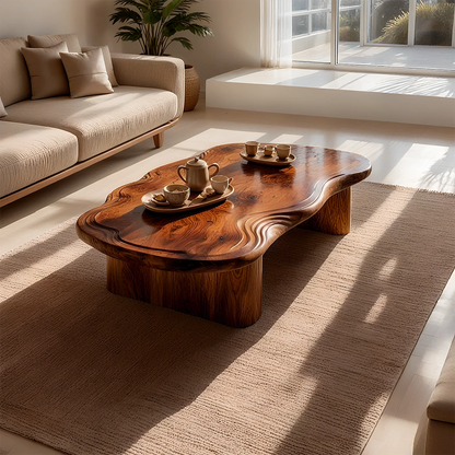 Organic coffee table with curved top design and low base for modern living room comfort