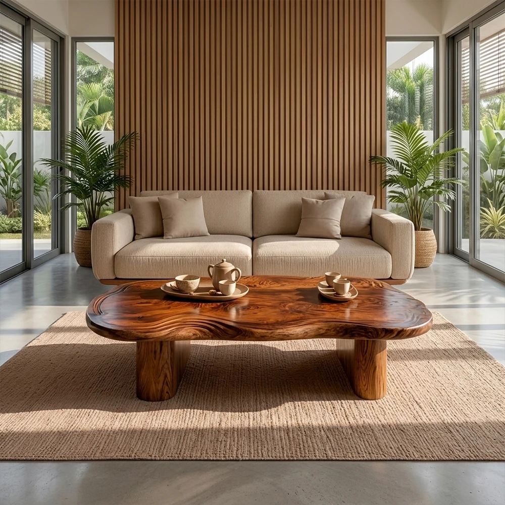 Beige sofa with a wooden coffee table in a modern living room with large windows and plants.