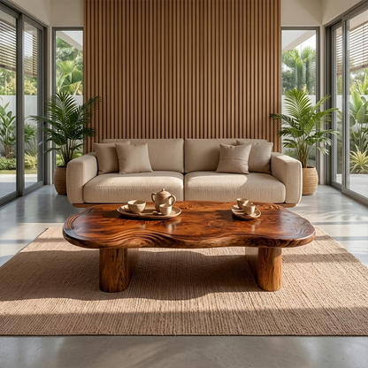 Beige sofa with a wooden coffee table in a modern living room with large windows and plants.