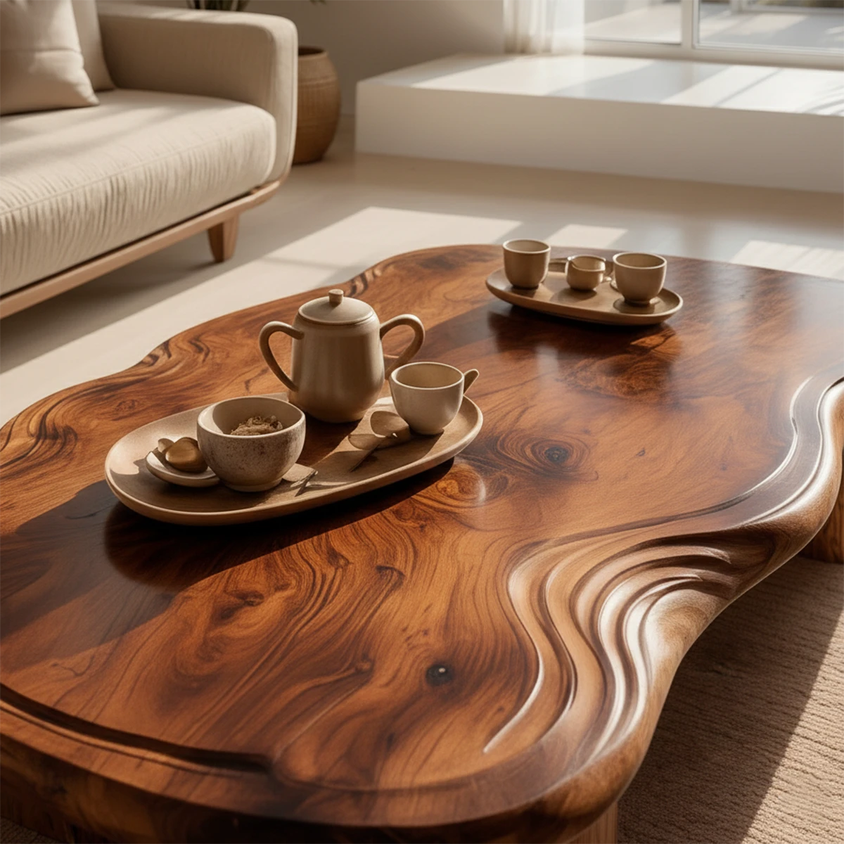 Modern living room coffee table with organic shape top and minimalist low profile design