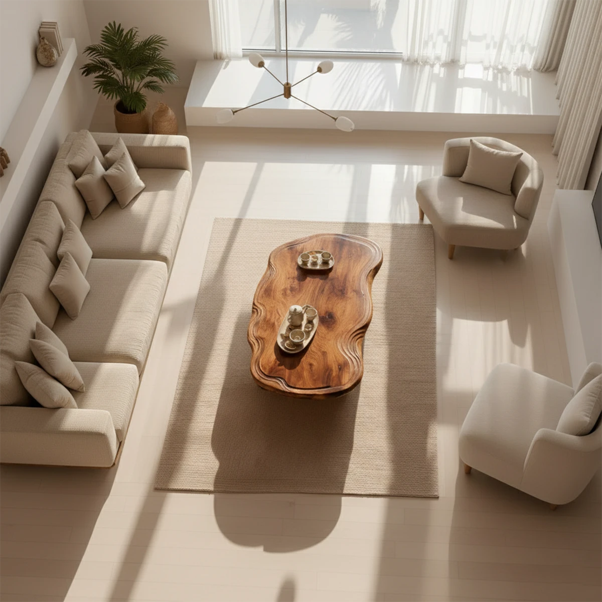 Unique coffee table with smooth curved edges and wide surface for relaxed seating areas