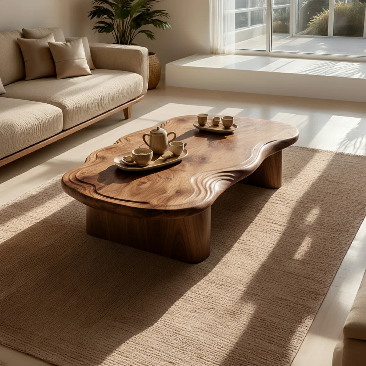 Contemporary low table with sculpted top and solid base for stylish living room decor