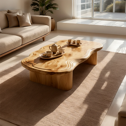 Artistic coffee table featuring fluid form surface and low height for modern home interiors