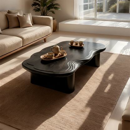 Minimalist coffee table with organic silhouette and wide top for everyday living room use