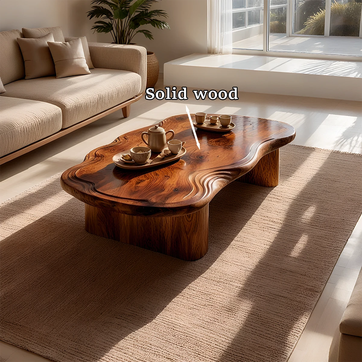 Designer coffee table with curved natural form and stable base for contemporary spaces