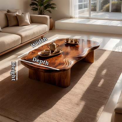 Living room coffee table with freeform top design and low structure for modern interiors