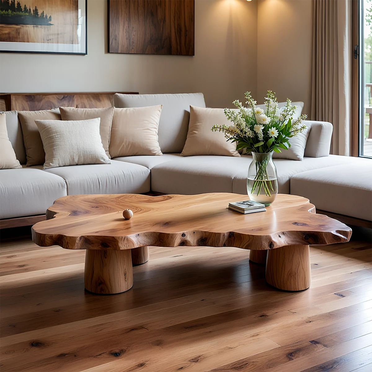 Organic coffee table with natural edge design and low profile for modern living room spaces