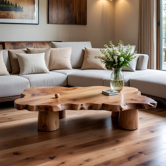 Organic coffee table with natural edge design and low profile for modern living room spaces