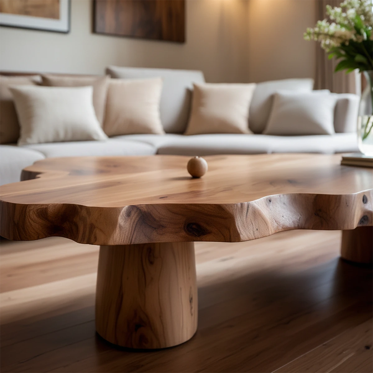 Modern low coffee table with organic form top and minimalist base for living room styling