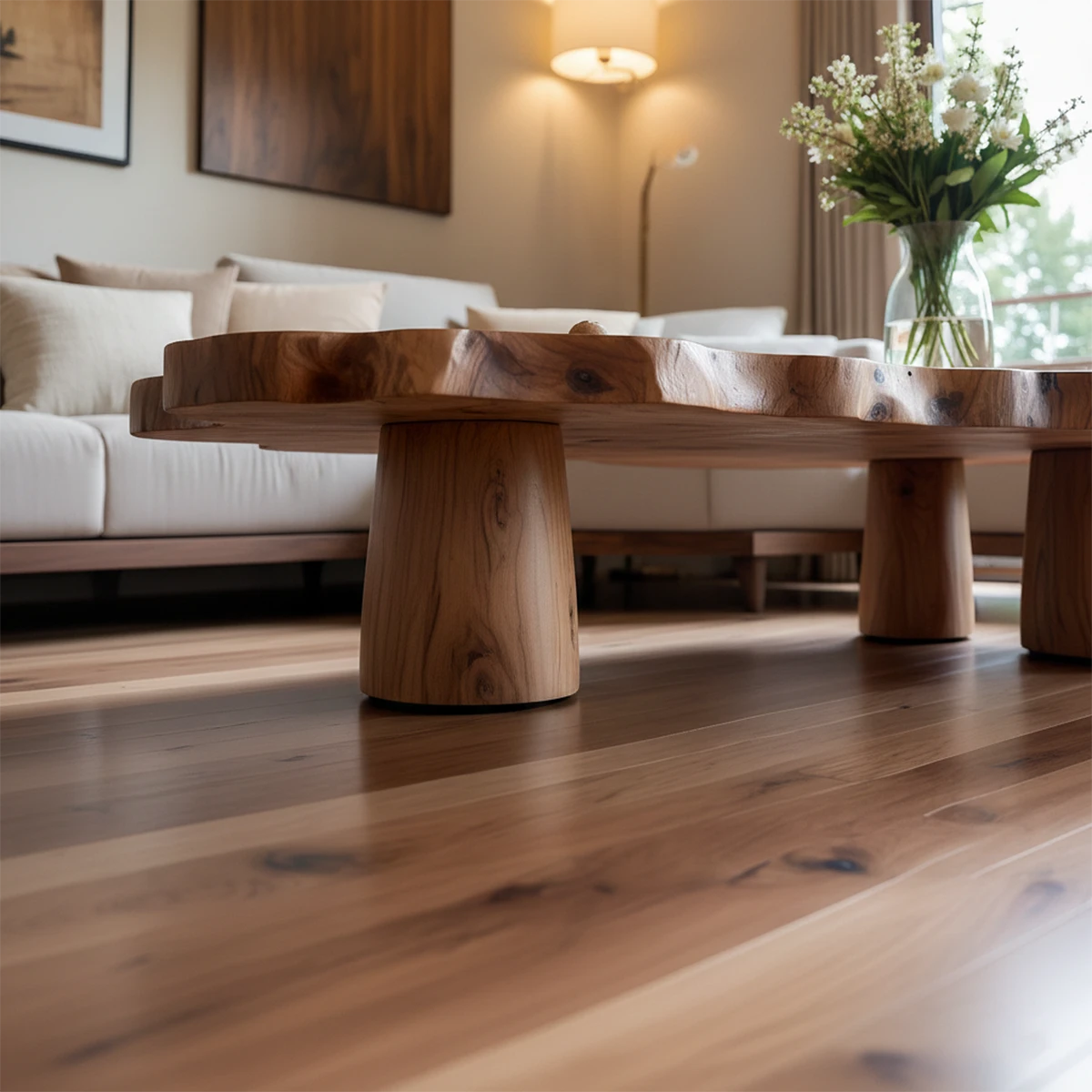 Natural edge coffee table with artistic shape and sturdy legs for relaxed living spaces