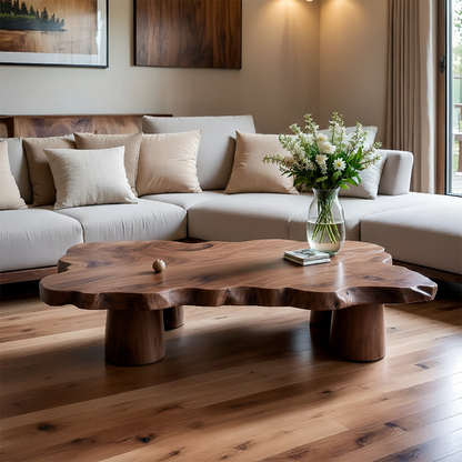 Minimal living room coffee table with organic shape surface and simple base structure