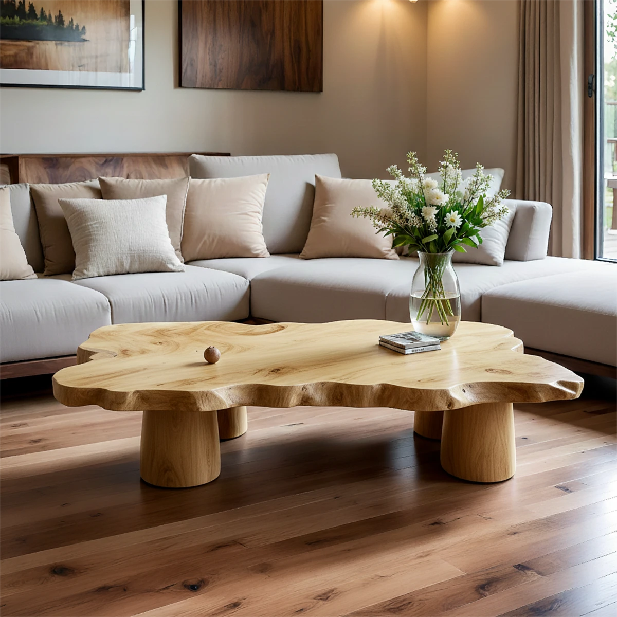 Designer coffee table with sculpted top and solid legs for modern home interiors