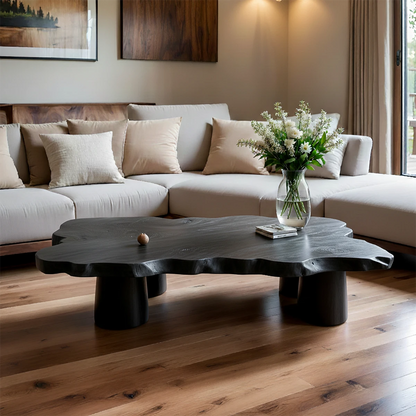 Unique coffee table featuring flowing natural form and low profile for cozy seating areas