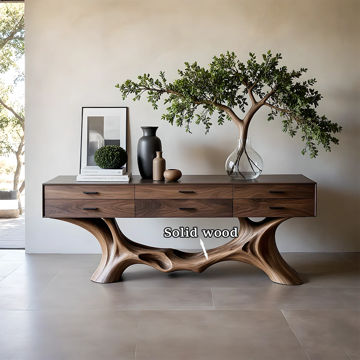 Modern console cabinet with artistic base design and practical drawer storage for home spaces