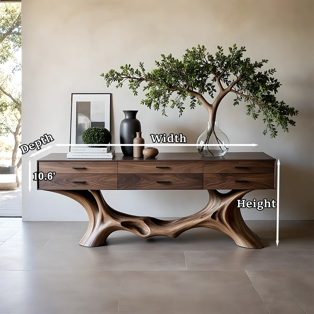 Sculptural entryway console with flowing base design and functional drawers for organized modern interiors