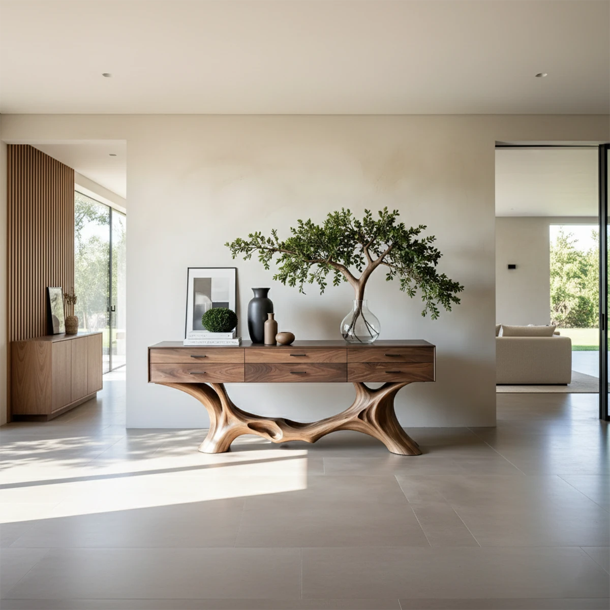 Contemporary console table with artistic base form and integrated drawers for home interiors