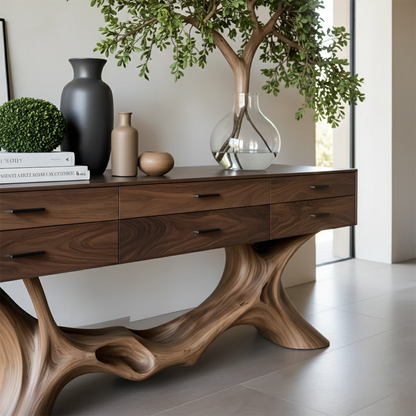 Minimalist entryway console with curved base silhouette and clean drawer storage layout