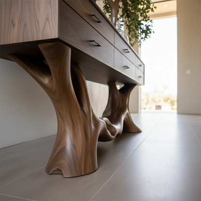 Elegant hallway console table with sculpted base and functional storage drawers for organization