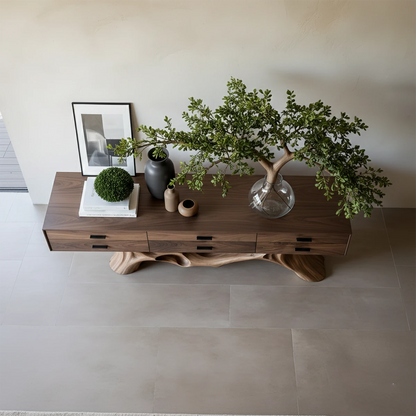 Designer console cabinet with fluid wood base and built in drawers for modern living spaces