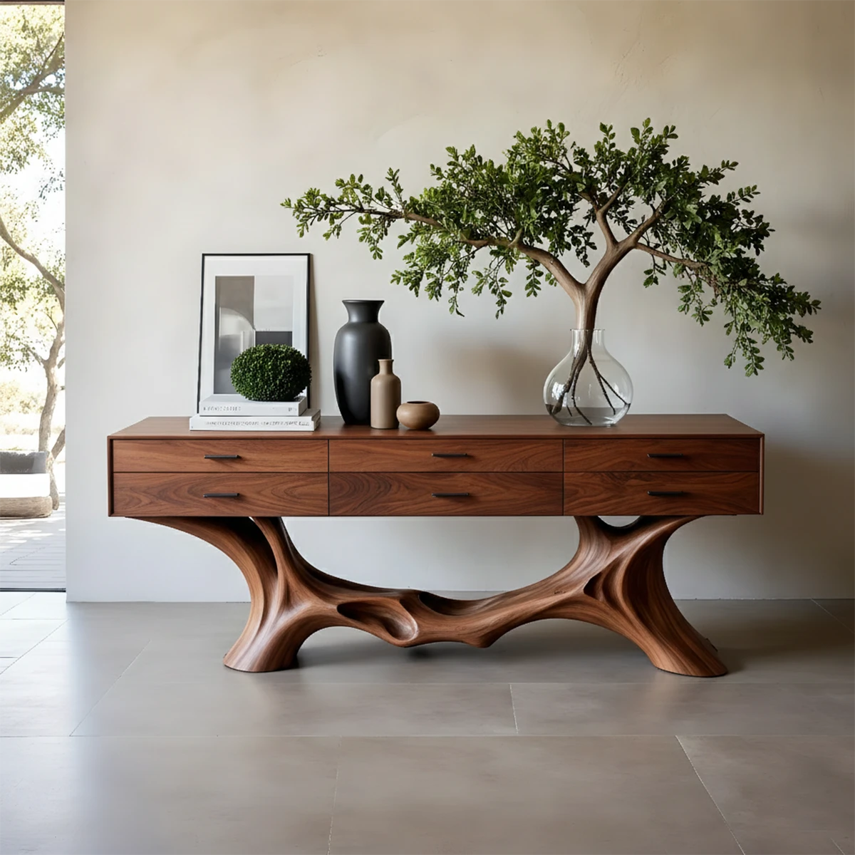 Unique console table with organic base structure and wide drawer storage for entryway use