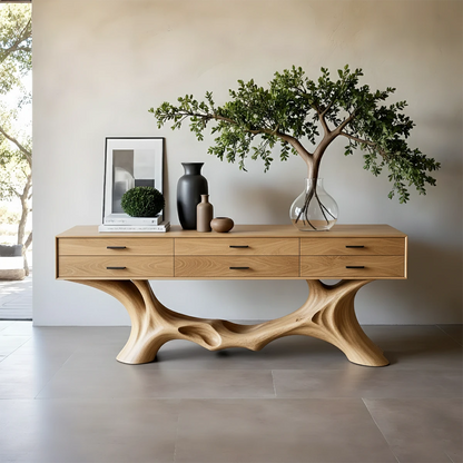 Refined sideboard console featuring sculptural base and smooth drawer storage for interiors