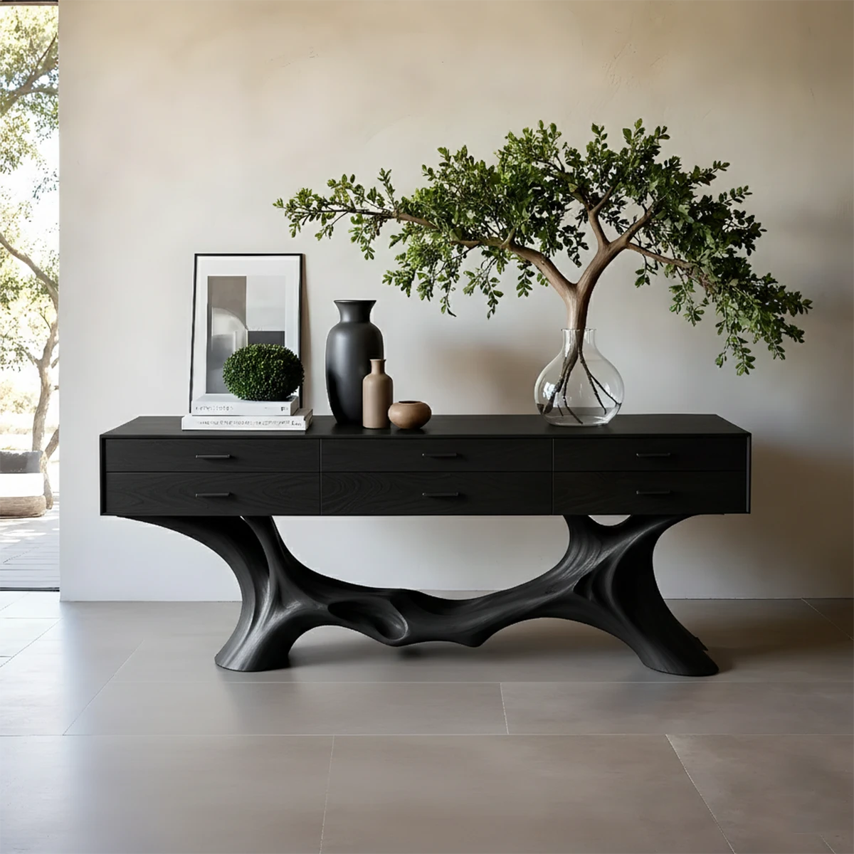 Stylish hallway console with curved base form and hidden storage drawers for daily essentials