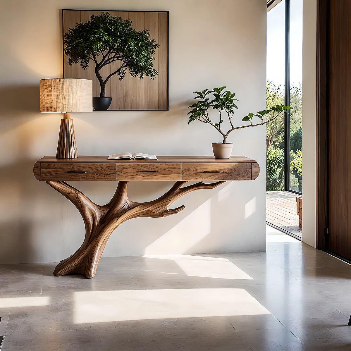 Organic console table with tree inspired base and drawers for modern entryway storage
